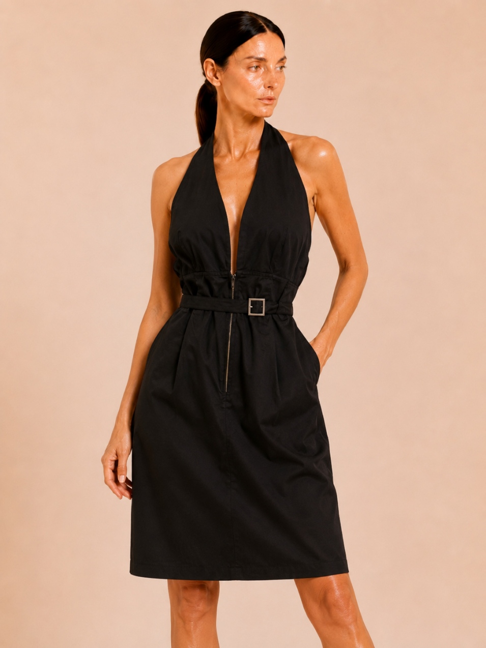 Чёрное платье халтер с поясом и молнией миниатюра 3